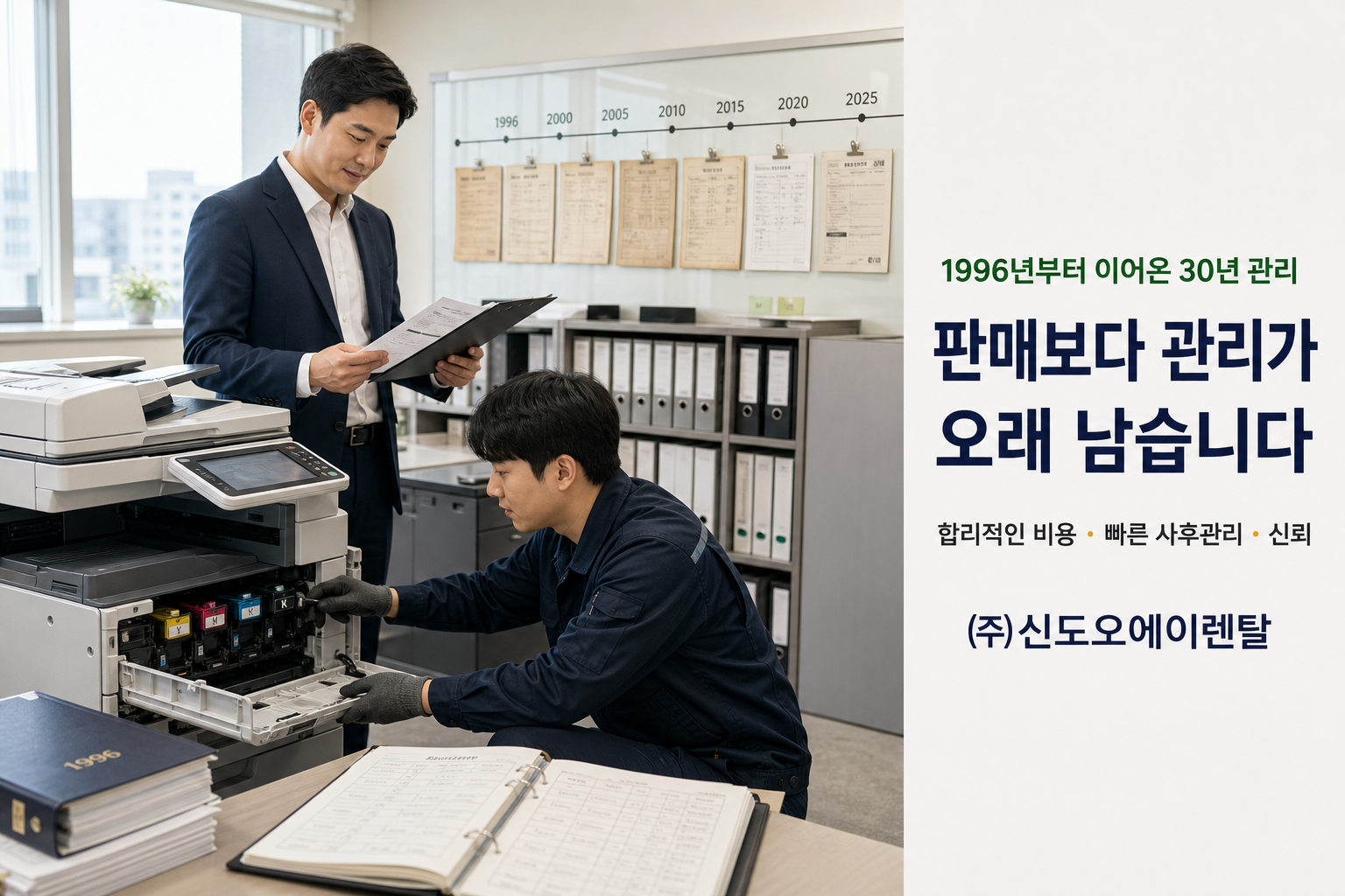 1996년부터 이어온 30년 관리와 사후관리 책임을 표현한 회사소개 이미지