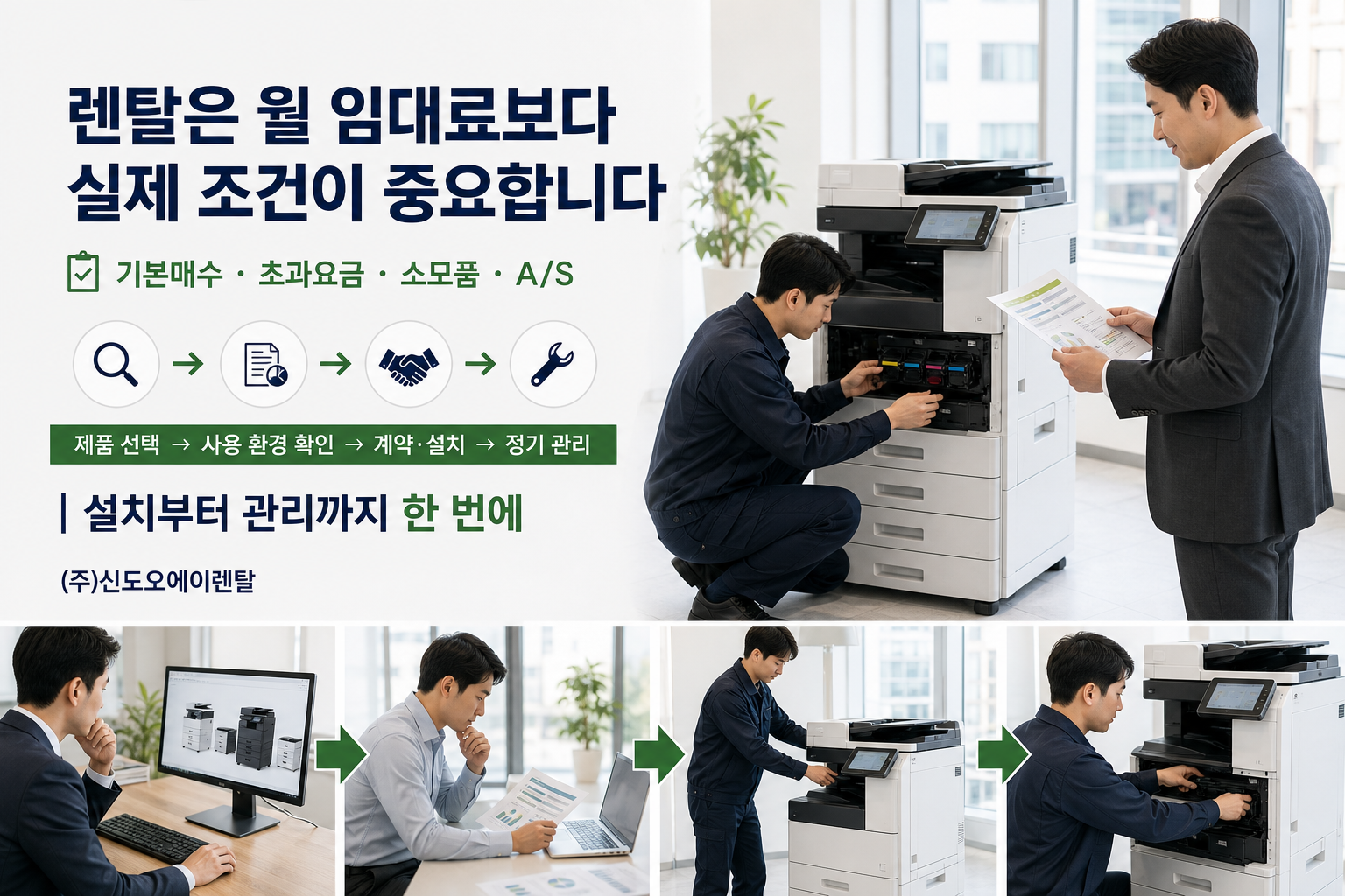 복합기 렌탈의 기본매수, 초과요금, 소모품, A/S와 관리 흐름을 표현한 이미지